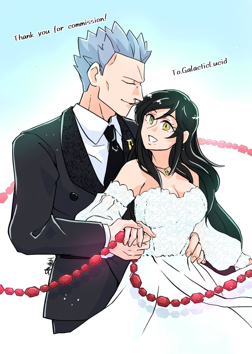 And well... Here is the Skeb that I ordered for the anniversary... @//osaosa_kouzyou  has done an very excellent and beutiful job...

Cyrus and I in wedding clothes and promising eternal love to each other... I love him so so so much... Te amo, Helio 💙🖤☀️🌕💞💕💗