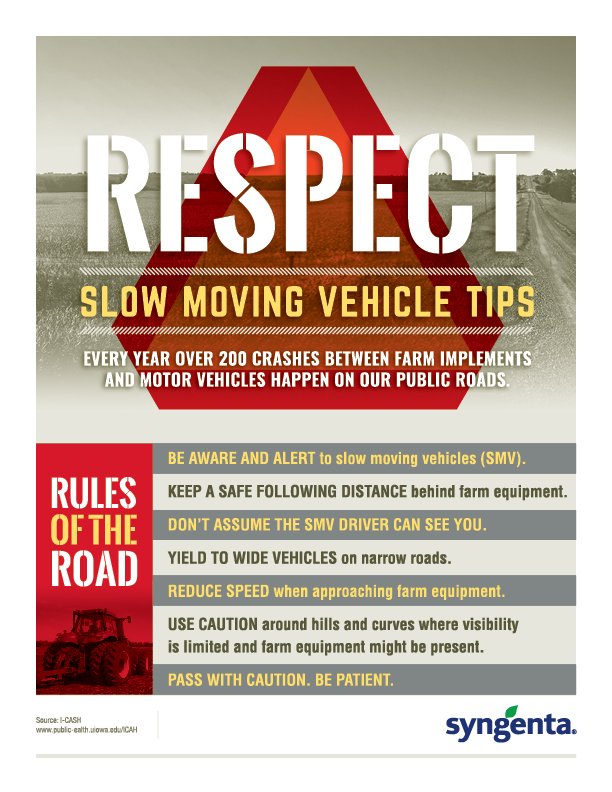 Motorists, Agricultural equipment travels a lot slower than regular traffic. That means a motor vehicle travelling at the speed limit can approach farm equipment more quickly than expected. Make sure to stay alert and slow down! #RoadSafetyWeek