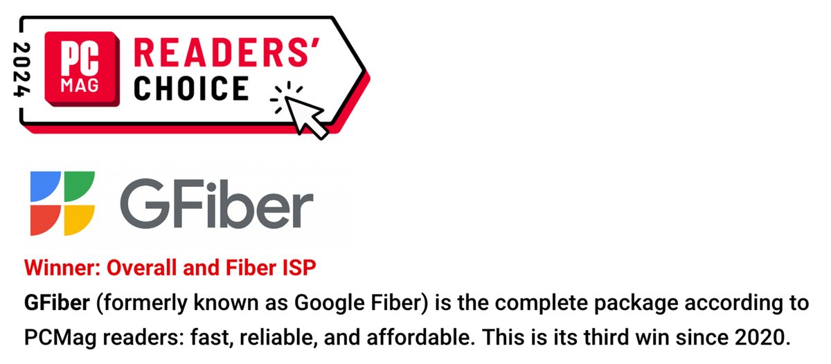 ACA Connects Member @googlefiber wins 'Overall and Fiber ISP' by @PCMag's Readers' Choice 2024: The Top ISPs in North America pcmag.com/articles/reade…