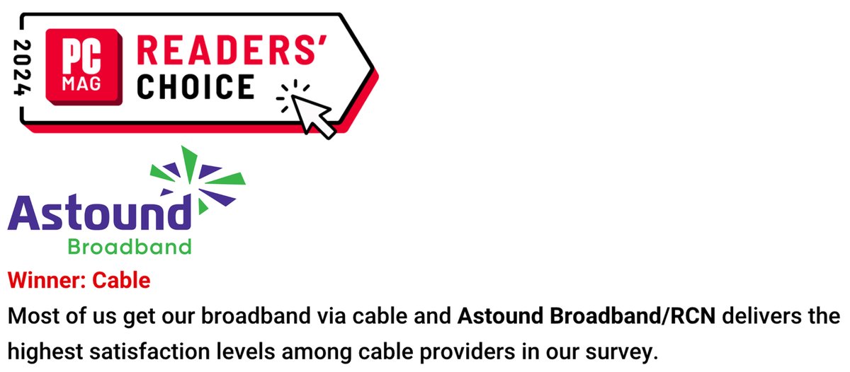 ACA Connects Member @astoundconnects wins best broadband 'Cable' provider by @PCMag's Readers' Choice 2024: The Top ISPs in North America pcmag.com/articles/reade…