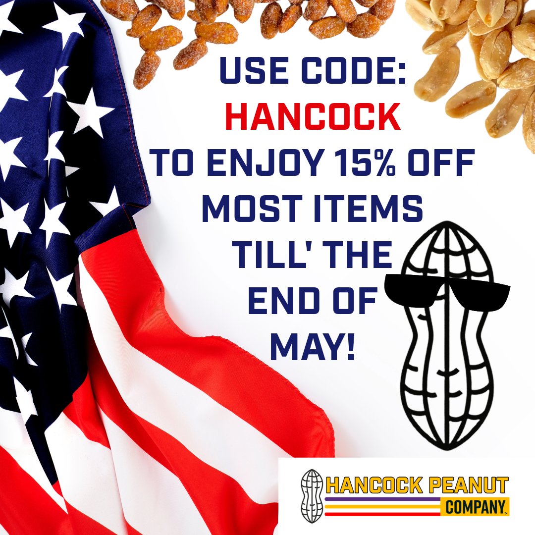 Memorial Day is on approach! To get you ready we're having a little sale!

Head over to the shop and load up.
hancockpeanuts.com/shop/

#MemorialDay #memorialdayweekend #memorialdaysale #hancockpeanuts #snacks #summersnacks #protein #eathealthy