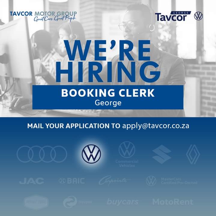 🚨 WE ARE HIRING 🚨 Tavcor VW George has a vacancy for a Booking Clerk with previous dealer experience. To apply, forward your CV to: 📧 apply@tavcor.co.za using the subject line “VW BOOKING CLERK”.