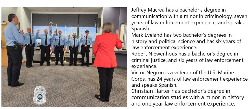 5 new #PWCPD officers were sworn in by the Clerk of the Court & Chief Newsham. They're part of the Option 5 Out-of-State Lateral Program. Each brings years of experience from law enforcement agencies & we are pleased they have chosen us to continue in their distinguished careers.