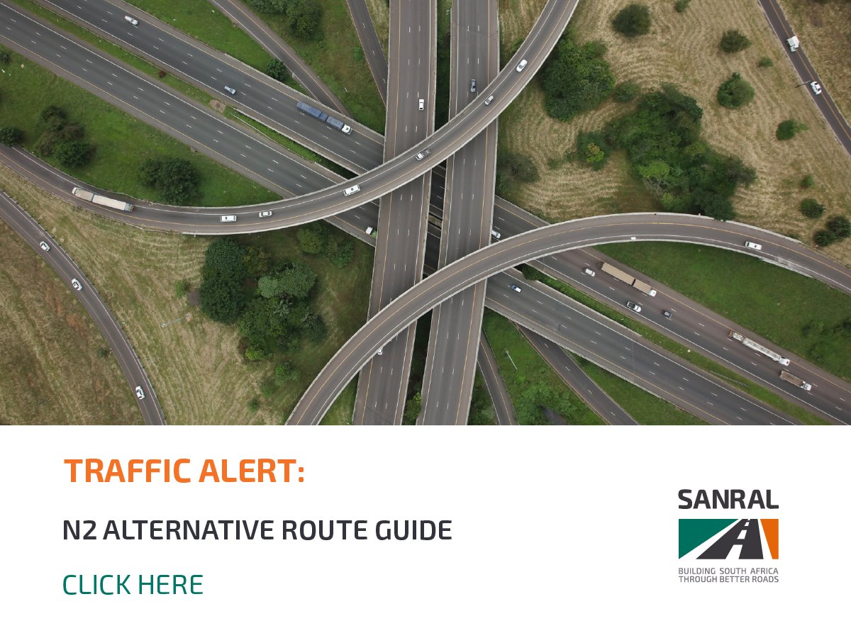 As part of the N2N3 upgrades in KwaZulu-Natal, road users are advised of the temporary road closures, for the placement of bridge beams for the new King Cetshwayo bridge on the M13 over the N2. View our alternative route guide here: bit.ly/3rr11Yb #SANRAL #N2N3Upgrades