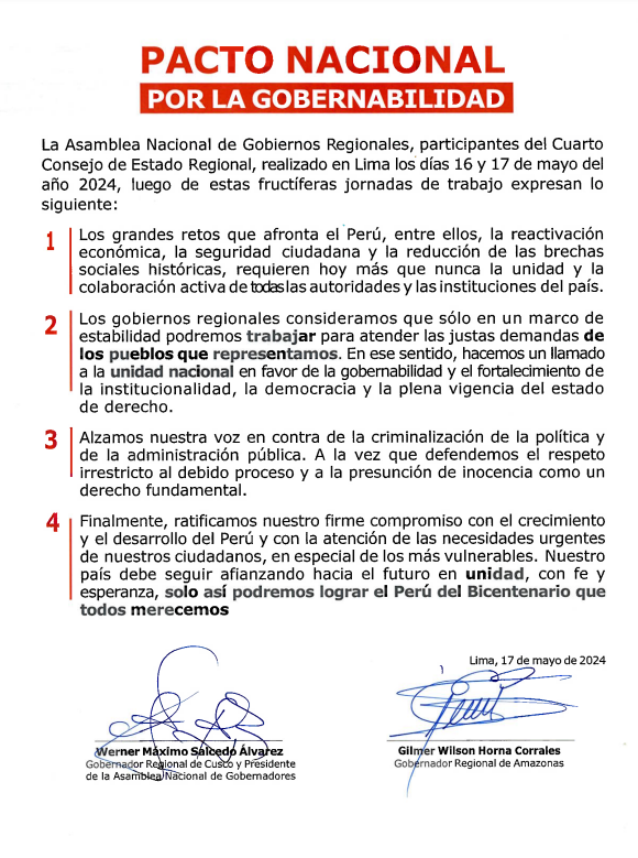 🇵🇪 El Gobierno y la Asamblea Nacional de Gobiernos Regionales llaman a la unidad nacional para fortalecer la institucionalidad del país e impulsar el crecimiento económico que beneficie a la población, contribuya con el cierre de brechas y genere empleo. #PonlePunchePerú