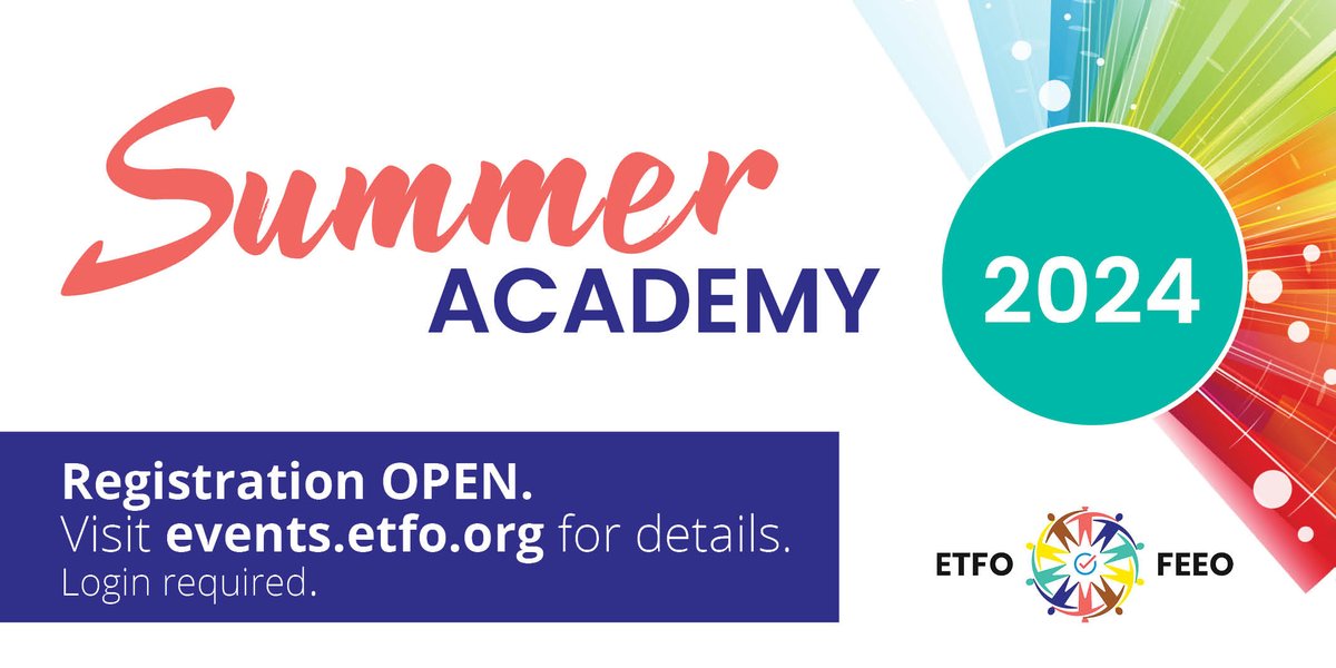 ETFO's Summer Academy 2024 registration is now open! 

All courses are facilitated by dynamic presenters and structured to meet educators' personal and professional needs. ETFO courses run in July and August in-person across Ontario and virtually. Visit events.etfo.org