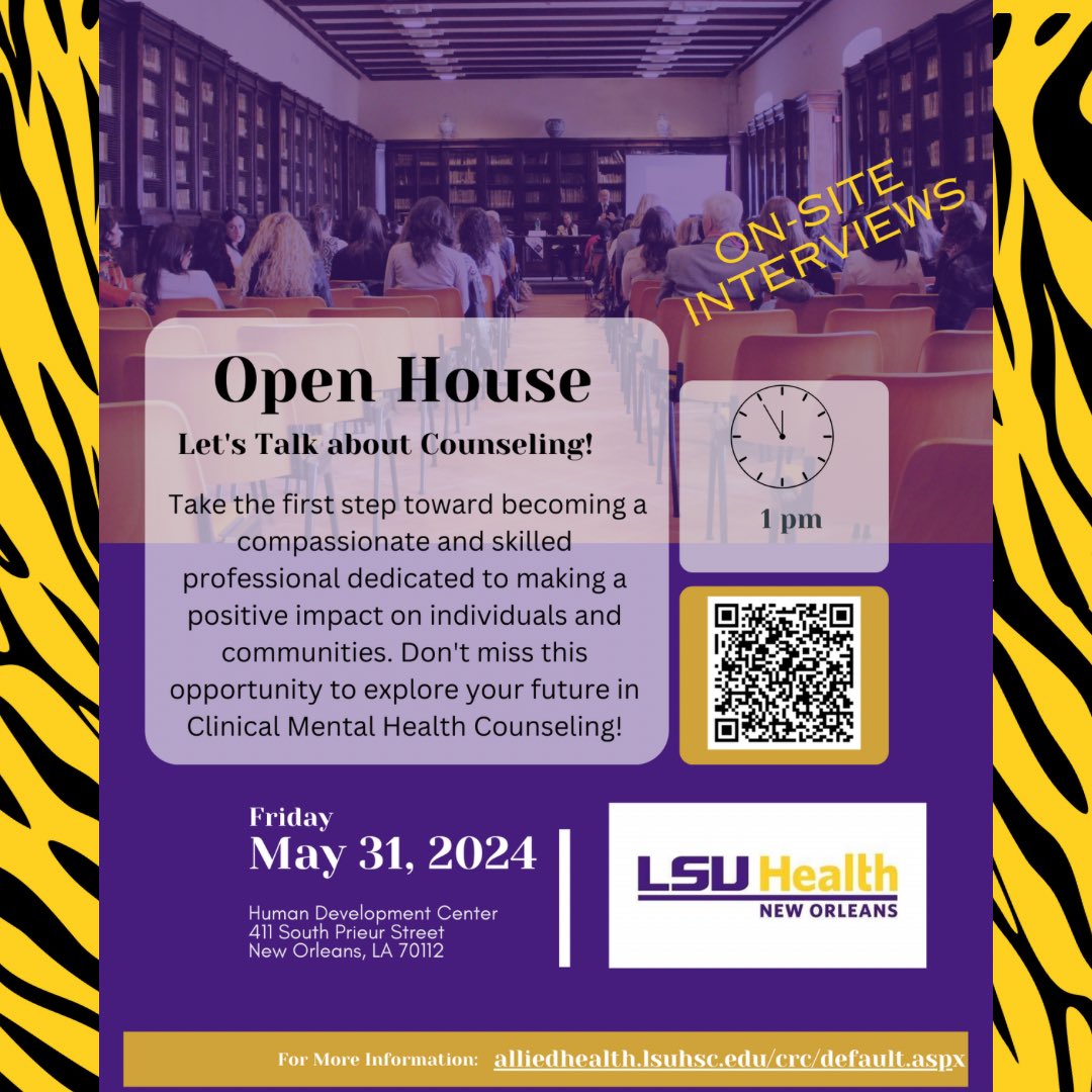 LSU Health New Orleans School of Allied Health (@lsuhealth_sahp) on Twitter photo Have you ever wanted to become a licensed Counselor?  Now is the time ⏰ to make your dream a reality 💯 Find out out at @counseling_dept_lsuhealth_nola  next 🆓 Information Session! #LSU #LSUHealth #AlliedHealth #HealthProfessions #Counseling #TheFutureOfHealthCare Have you ever wanted to become a licensed Counselor?  Now is the time ⏰ to make your dream a reality 💯 Find out out at @counseling_dept_lsuhealth_nola  next 🆓 Information Session! #LSU #LSUHealth #AlliedHealth #HealthProfessions #Counseling #TheFutureOfHealthCare