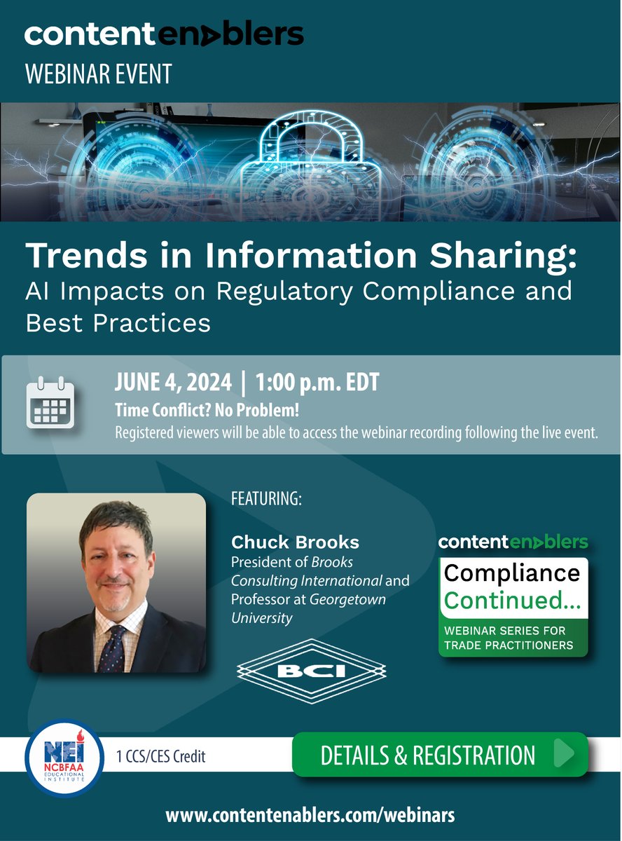 The continuing evolution and use of artificial intelligence is reshaping compliance frameworks, necessitating more efficient and secure information sharing practices across industries worldwide. Join @ChuckDBrooks for this webinar on June 4! REGISTER: contentenablers.com/live-events/we…