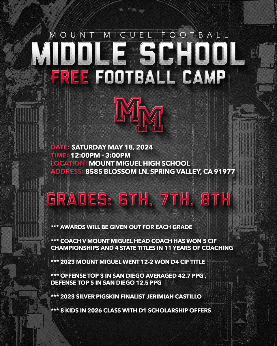 Reminder free middle school camp tomorrow at Mount Miguel high school. Bring your middle schoolers out for a great experience & get coached by a championship coaching staff. Will have some of my former players who are playing college football out there to help as well‼️ #ValleyUP