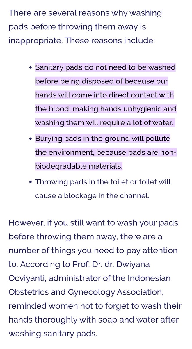 bluesunkiss_'s tweet photo. Pembalut gak dicuci:
Darah yang didiamkan bisa menimbulkan bau dan penyakit, sehingga tidak higienis untuk petugas pengelola limbah.

Pembalut dicuci:
Darah yang sifatnya infeksius lebih berpotensi menularkan penyakit dalam kondisi basah &amp; akan mengalir dalam air menjadi polusi. https://t.co/mlVq479FTe