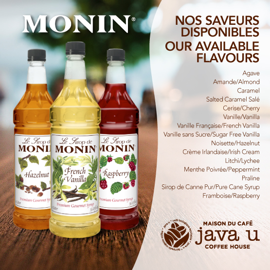 Add some flavour to your coffee! We offer various syrups; there's something for everyone 😋

Ajoutez de la saveur à votre café! Nous proposons différents sirops; il y en a pour tous les goûts 😋

#javau #fairtradeorganic #montreal #coffee #cafe #mtlcafe #coffeelover #moninsyrup