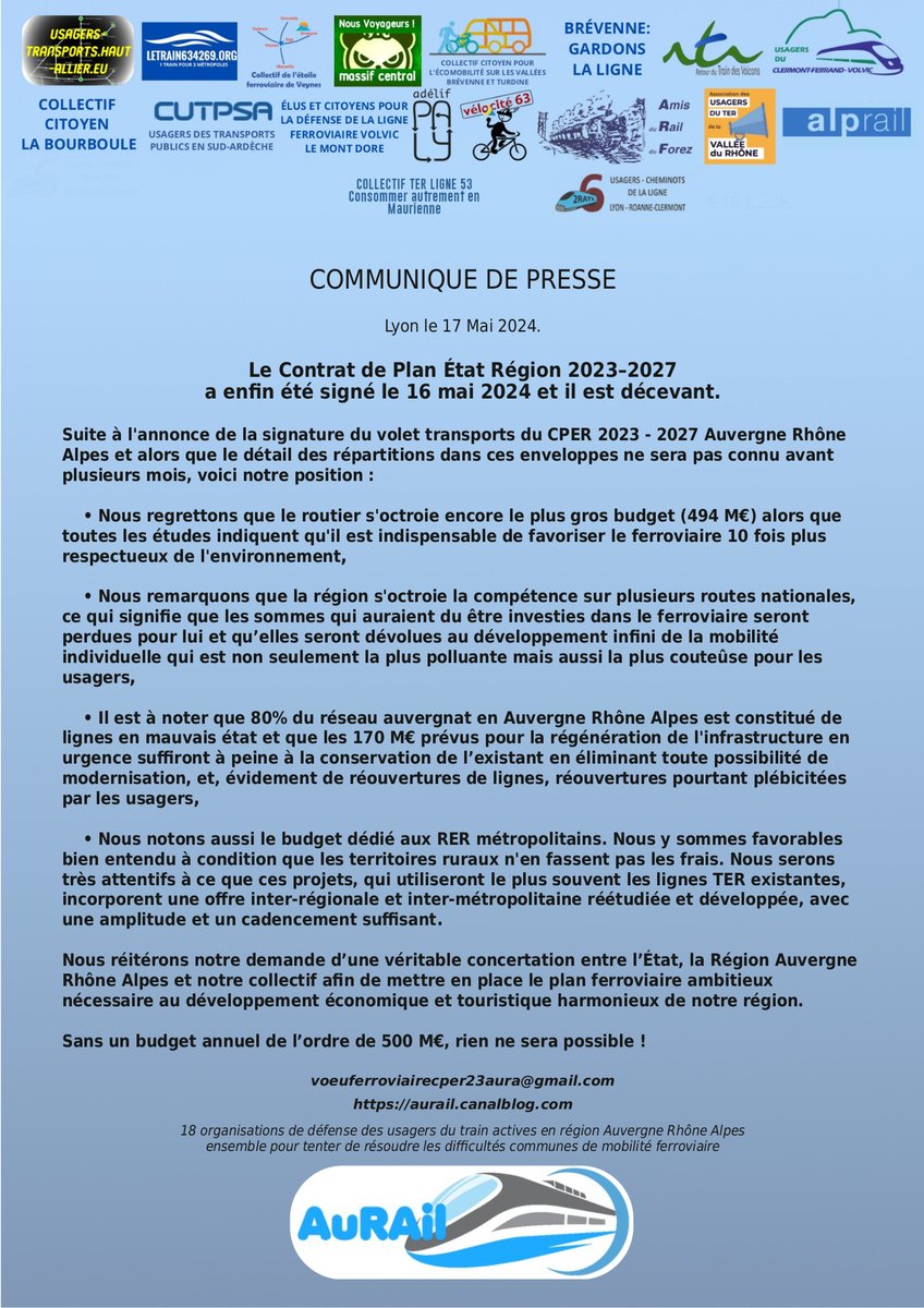 Notre communiqué après la signature du CPER 2027 Auvergne Rhône Alpes volet Mobilités : 

Il est décevant.

@auvergnerhalpes 
@prefetrhone 
@AFP 

aurail.canalblog.com/2024/05/le-con…