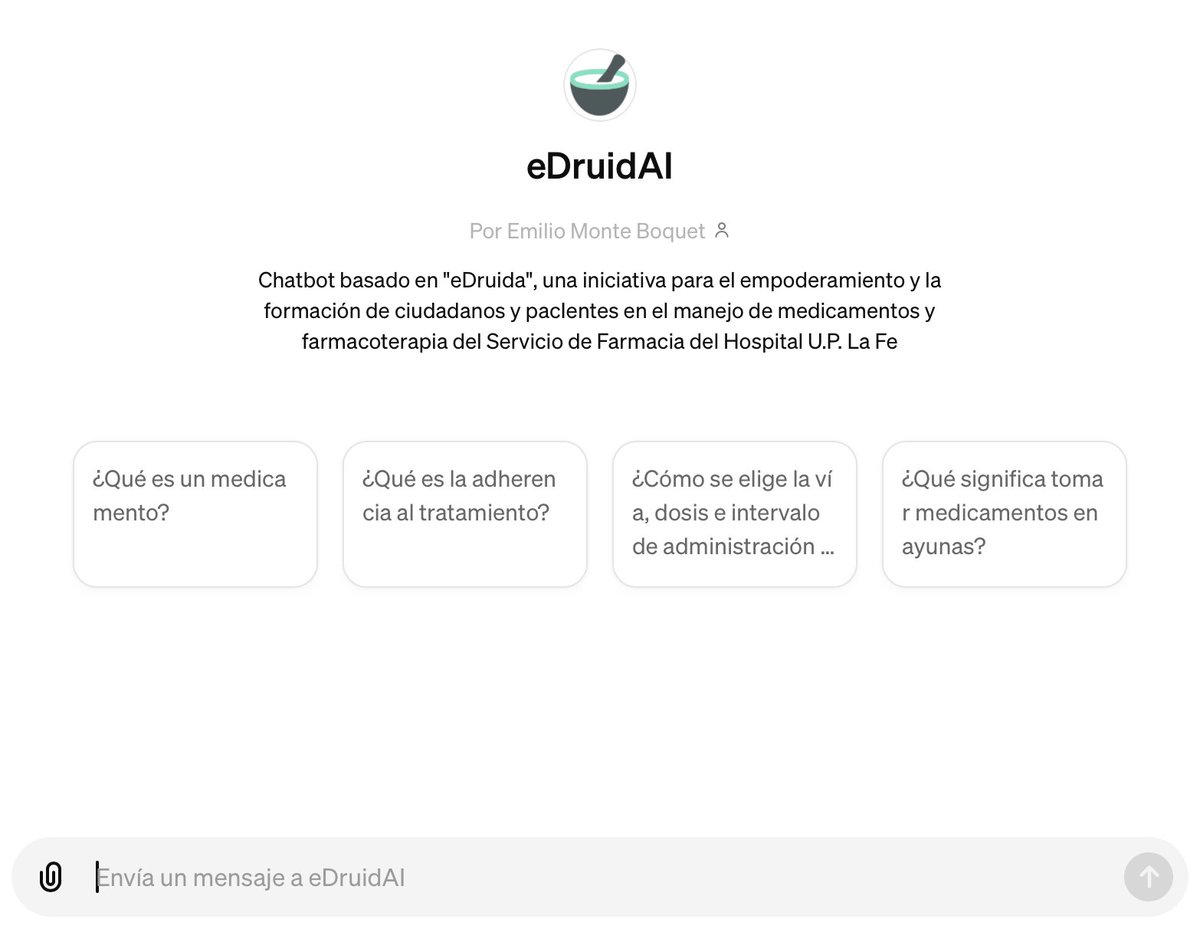 Terminando de dar forma al chatbot eDruidAI, la evolución natural de nuestro proyecto <a href="/eDruida_/">eDruida</a> 

#IA 

<a href="/ufpelafe/">UFPE Hospital La Fe</a>