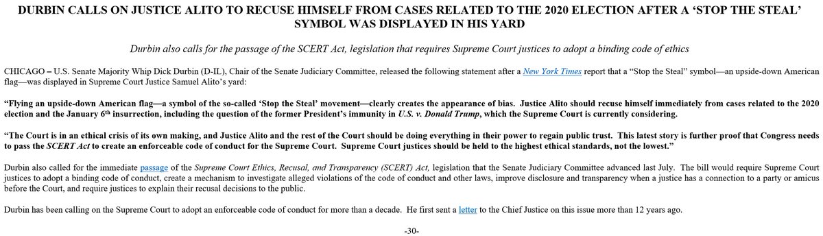 NEW: Chair @SenatorDurbin released the following statement after a New York Times report that a 'Stop the Steal' symbol was displayed in Supreme Court Justice Samuel Alito's yard: