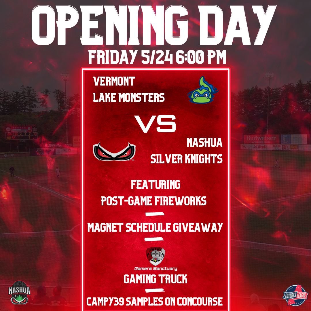 SilverKnightsNH's tweet image. Countdown to Silver Knights baseball! Join us at Historic Holman Stadium in ONE WEEK! Opening Day: fireworks, magnet schedule giveaway, gaming truck, and TaleSpinner Brewery Campy39 samples! See you next Friday! #summerknights