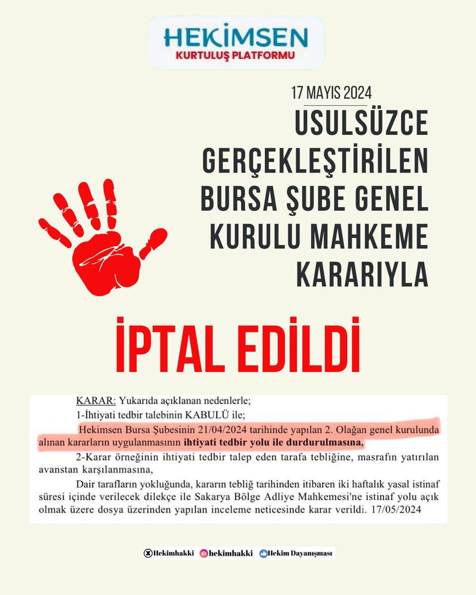 Usulsüz olduğunu daha önce birçok kez belirttiğimiz şube genel kurullarıyla ilgili hukuk kararını verdi.
Bursa şubemizin 18 il ve 30 delege seçmek için 21/04/2024 tarihinde yaptığı genel kurul mahkeme kararıyla iptal edilmiştir.
Bursa şube başkanı Ali Erol'un hukuksuzluk