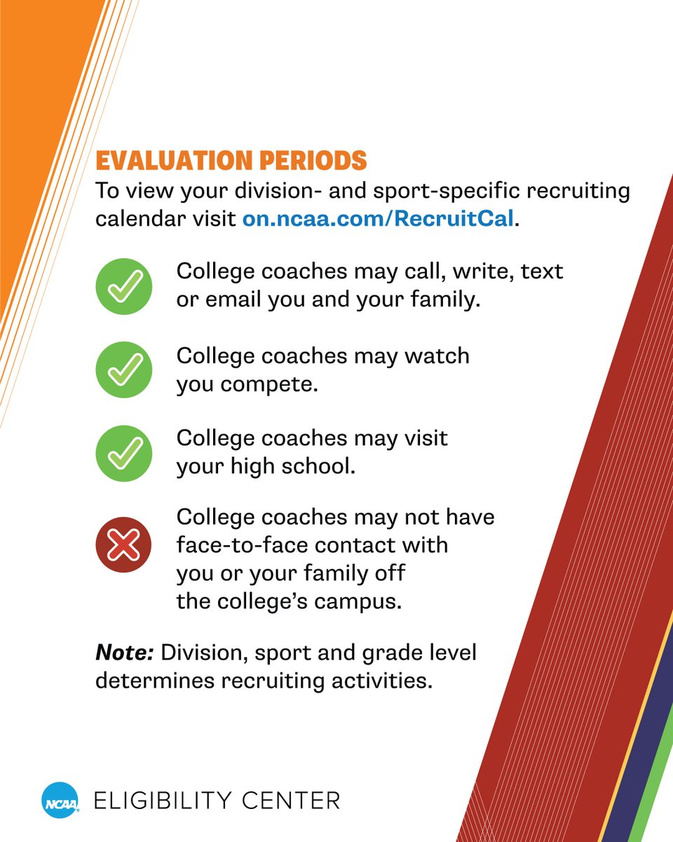 What can happen during evaluation periods? Review your @NCAA division- and sport-specific recruiting calendar. 🔗 on.ncaa.com/RecruitingCal