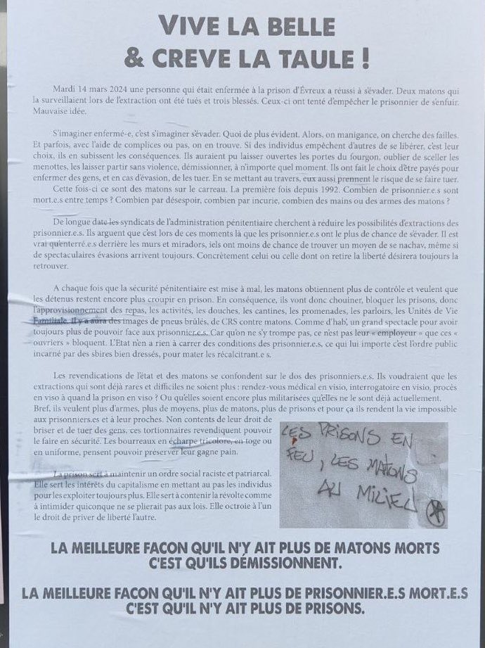 L’extrême-gauche qui crache sur les surveillants pénitentiaires 48h après un double homicide qui a fait 2 veuves et 3 orphelins. 
Profond dégoût.
