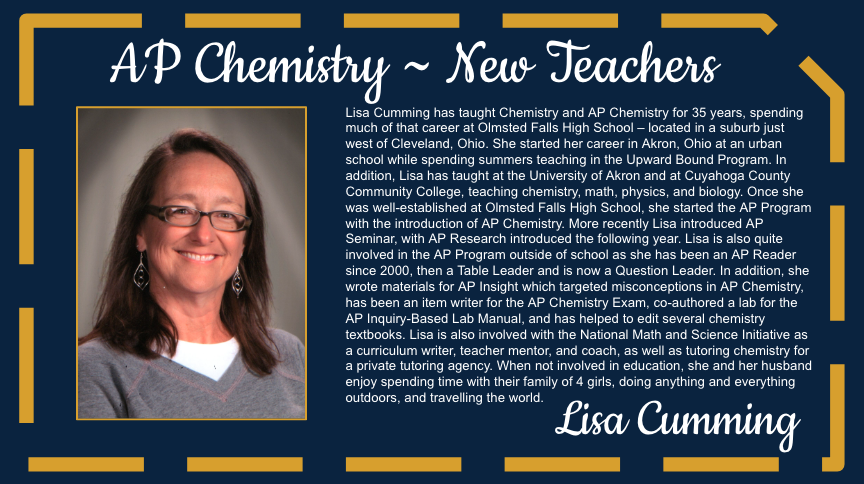 2024 AP Summer Institute: Featured Presenters
-Paul Groves - Experienced Chemistry Teachers
-Lisa Cumming - New Chemistry Teachers
Register for the APSI here: 
eventreg.collegeboard.org/event/7113b146…