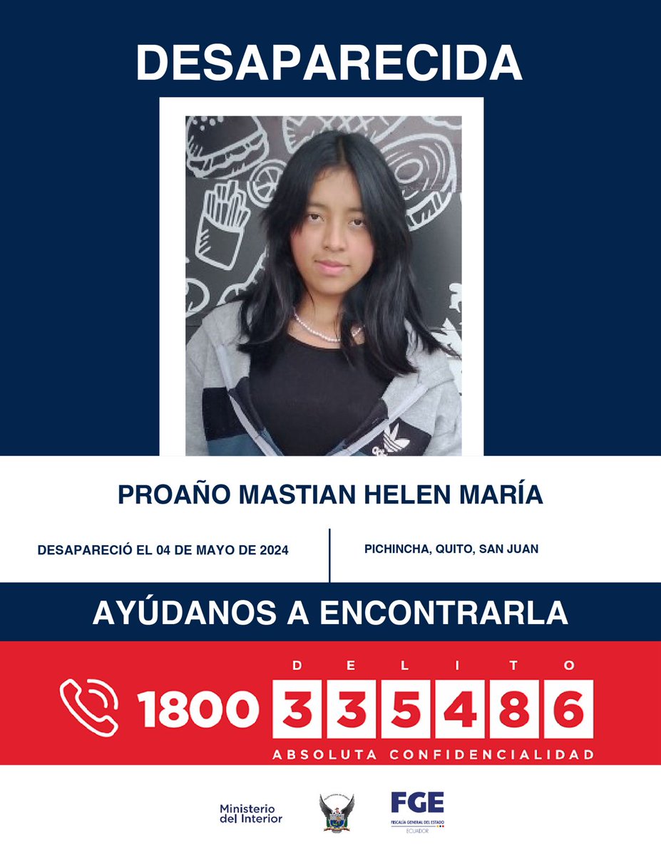 #DesaparecidosEcuador | #Pichincha: si tienes información sobre la ubicación de Helen María Proaño Mastian, comunícate de inmediato con las autoridades. Fue vista por última vez el 4 de mayo de 2024 en el sector de San Juan, en el centro de #Quito.