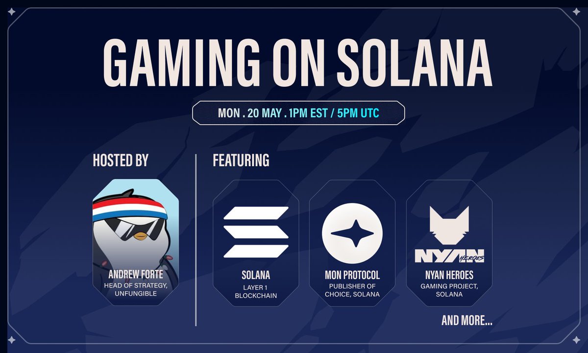 GAMING ON SOLANA X SPACE Monday 20 May, 1pm EST / 5pm UTC Join @GiulioXdotEth from @MONProtocol, the Publisher of Choice for Solana, @tiffdong from @solana, @maxmerro from @nyanheroes, and more as we talk about Gaming, Development, and Publishing on Solana on X Spaces.