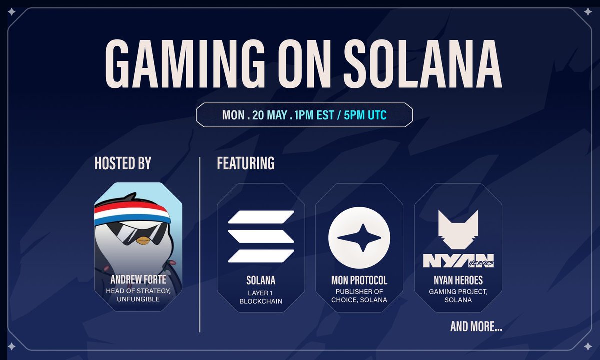 MON Protocol 🐉 $MON (@monprotocol) on Twitter photo GAMING ON SOLANA X SPACE
Monday 20 May, 1pm EST / 5pm UTC
Join <a href="/GiulioXdotEth/">GiulioX🐉 $MON🔺</a> from @MONProtocol, the Publisher of Choice for Solana, <a href="/tiffdong/">Tiffany</a> from <a href="/solana/">Solana</a>, <a href="/maxmerro/">Max</a> from <a href="/nyanheroes/">Nyan Heroes</a>, and more as we talk about Gaming, Development, and Publishing on Solana on X Spaces. GAMING ON SOLANA X SPACE
Monday 20 May, 1pm EST / 5pm UTC
Join <a href="/GiulioXdotEth/">GiulioX🐉 $MON🔺</a> from @MONProtocol, the Publisher of Choice for Solana, <a href="/tiffdong/">Tiffany</a> from <a href="/solana/">Solana</a>, <a href="/maxmerro/">Max</a> from <a href="/nyanheroes/">Nyan Heroes</a>, and more as we talk about Gaming, Development, and Publishing on Solana on X Spaces.
