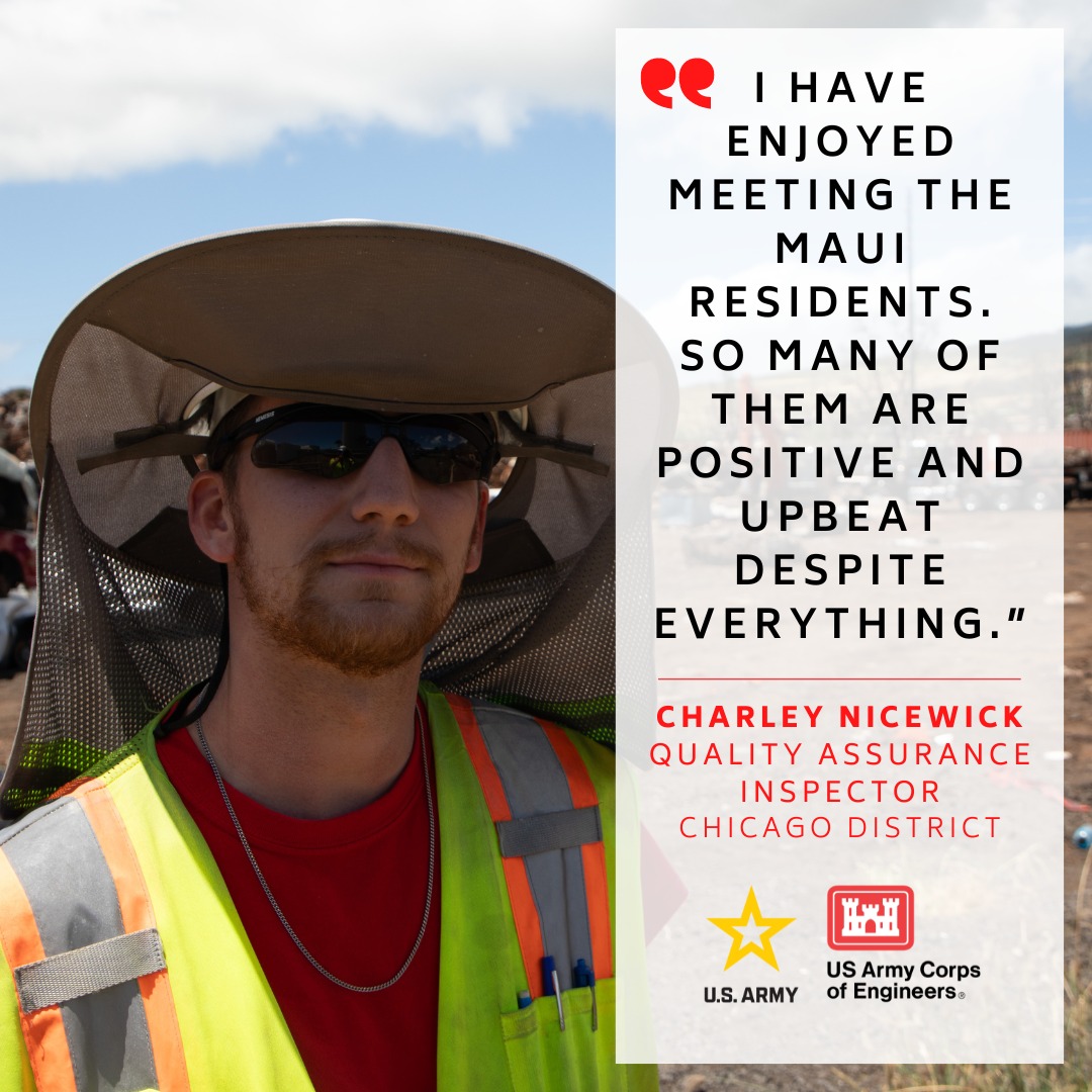 Charley Nicewick, @usacechicago design engineer, supports the #HawaiiWildfires recovery mission by serving as a quality assurance inspector ensuring cleanup and restoration efforts meet #USACE standards and regulations.📸: Makenzie Leonard @CountyofMaui @Hawaii_EMA @StPaulUSACE
