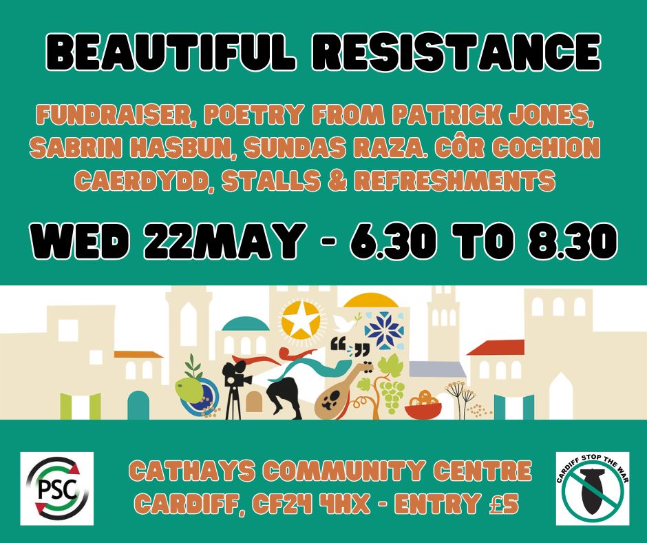 Join us for a Fundraiser and a talk with Abed Abusrour, the visionary founder of the Alrowwad Cultural And Arts Society in Aida Refugee Camp, Bethlehem, Palestine. We are delighted to have support & Poetry from Patrick Jones, Sabrin Hasbun, Sundas Raza, and Côr Cochion Caerdydd.
