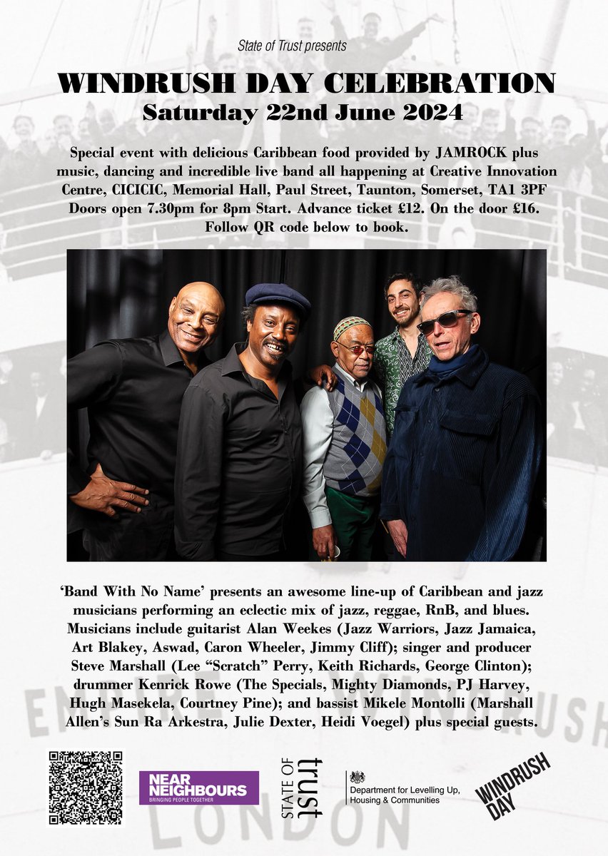 emmasymonds2511's tweet photo. Looking for something upbeat and fun for Windrush..look no further #StateofTrust is hosting a night of music in Taunton. #musicfeedsthesoul @DDrdk @janeneggy @Lee_NHSSom @TayoEvans177892 @NHSSomerset share! Share!share! https://t.co/yXe602gUjh