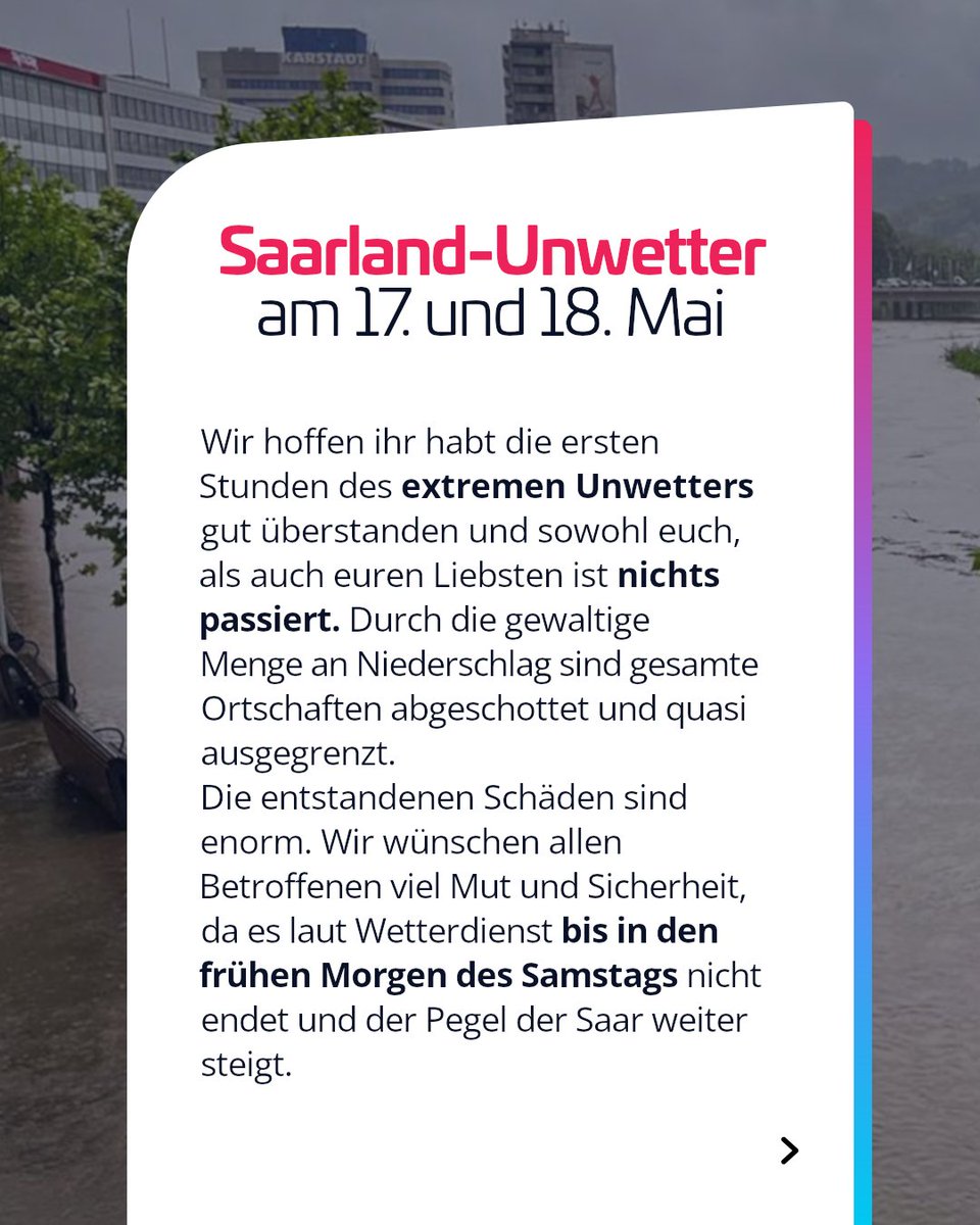 (1/3)
Wir wünschen allen einen möglichst guten Ablauf, trotz der prekären Lage im Saarland. Das #Unwetter wird noch bis in den Samstag reichen. 🌧️💧