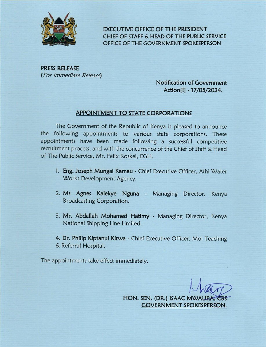 Notification of Government Action - Appointment of Chief Executive Officers of State Corporations, 17th May 2024.