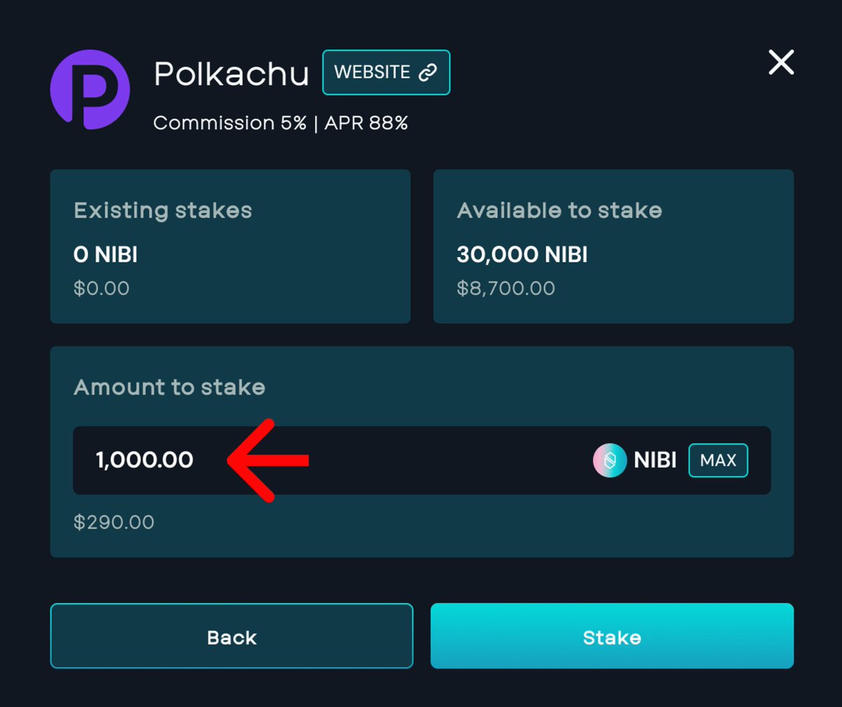 6/ Enter the amount of NIBI to stake then click “Stake.”