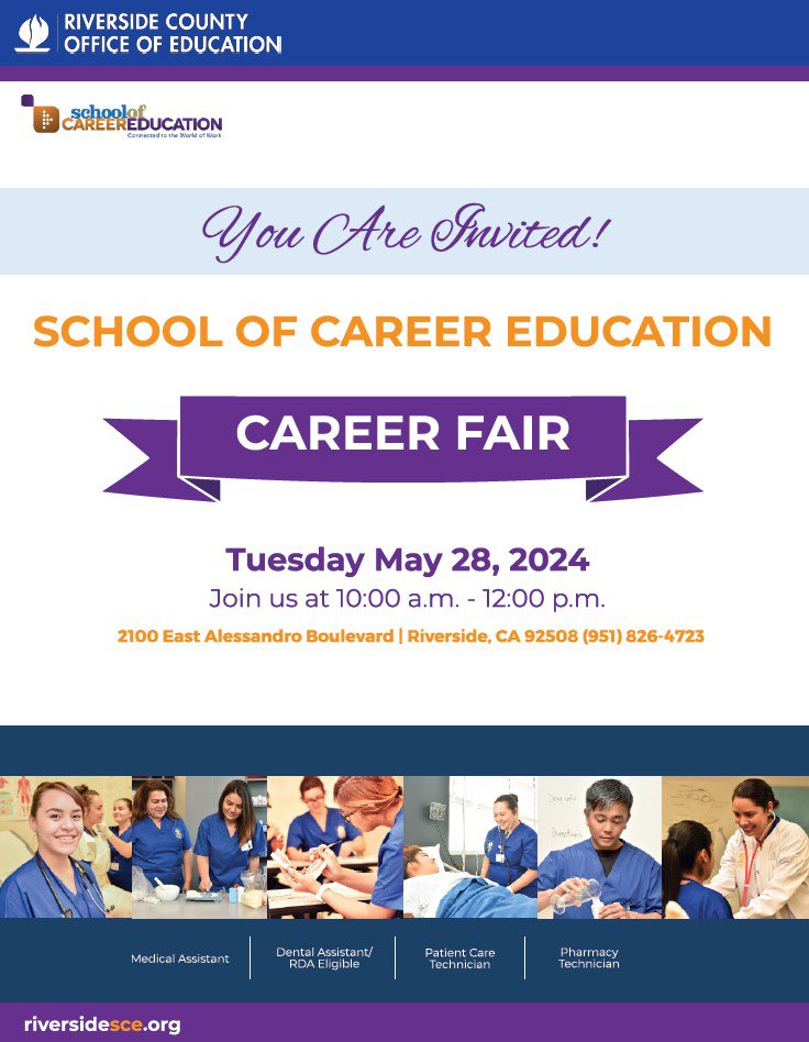 You are invited to our CAREER FAIR on Tuesday, May 28th at our [RIVERSIDE] and [INDIO] Campus’s!!!🥼💉🦷🩺Our event is hosting Health Care companies, centers, and agencies looking to promote their job openings and career opportunities for our students and alumni.