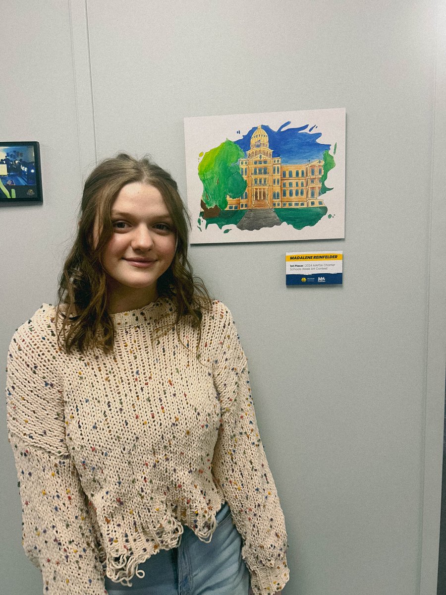 We’re thrilled to announce that our very own Madalene Reinfelder has won 1st place in MAPSA's Charter School Week Art Contest! 🎨🏆 Students were invited to create artwork featuring their lawmaker or the Michigan State Capitol.

#CSW24 #CharterSchoolsWeek2024 #ChartersLead