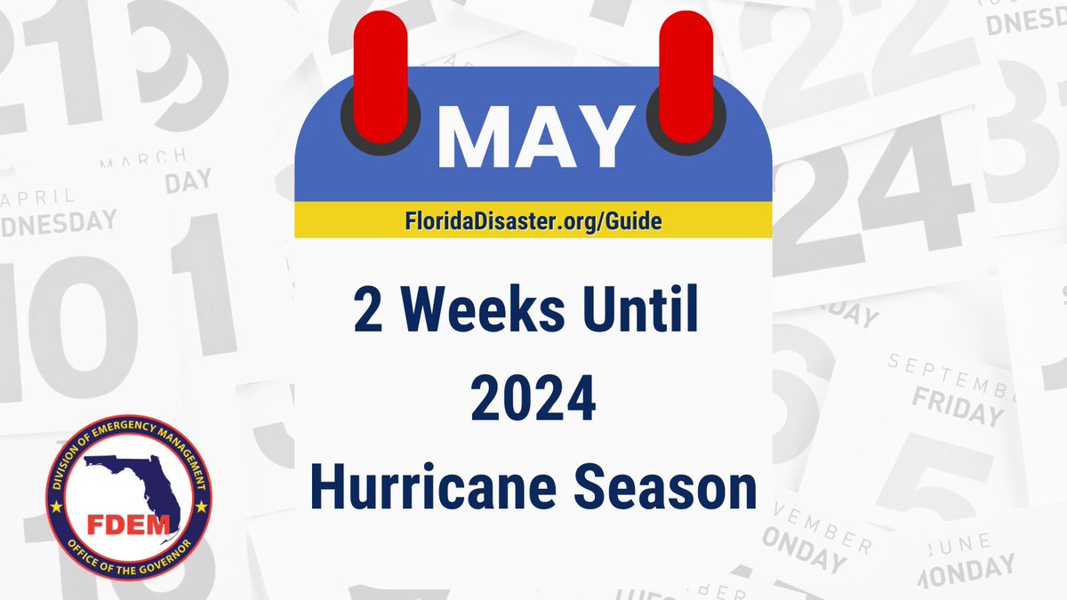 There are officially 2 weeks until the start of the 2024 Atlantic Hurricane Season - Are you prepared❓

Take this time to restock your disaster supply kits & update emergency plans to include each household member, including pets.

➡️ Visit FloridaDisaster.org/Guide for more