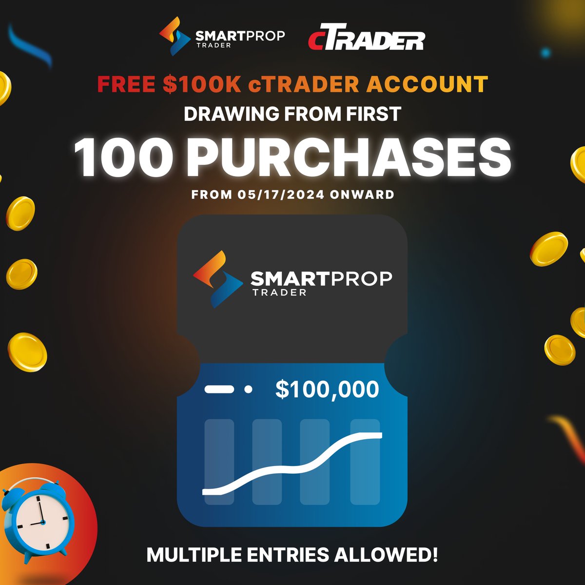 Smart Traders, we will be launching cTrader next week! 🥳 In celebration of the launch, we will be randomly drawing a customer from the first 100 purchases from 05/17/2024 onward to win a free $100K cTrader account. No limit on entires, so multiple purchases will equal multiple