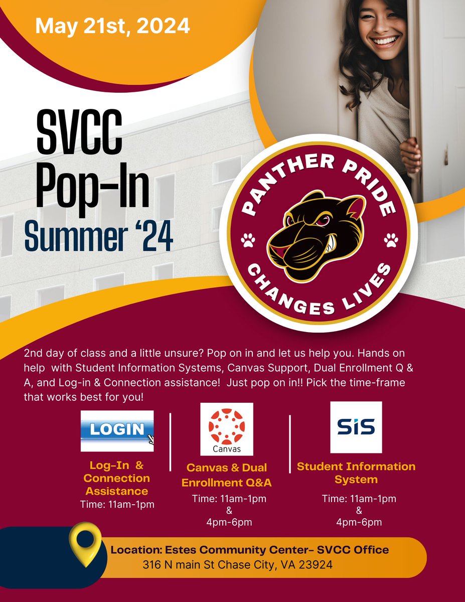 Second day of class and a little unsure? SVCC's Estes Community Center in Chase City will be hosting a SVCC Pop-In to help with SIS, Canvas, and Log-Ins on May 21st. Times will be between 11am-1pm and 4pm-6pm.