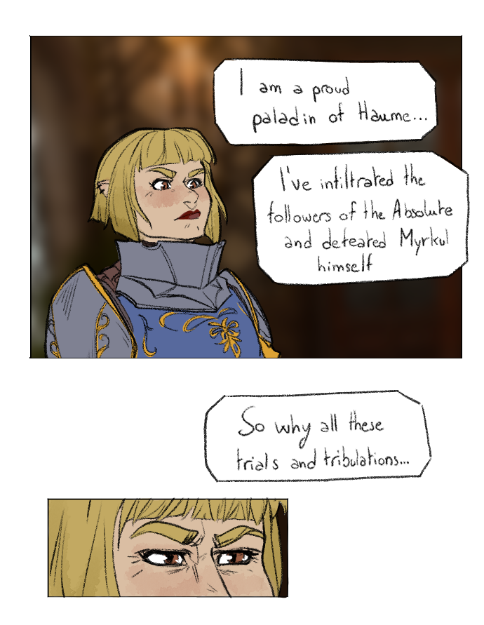 BluesW14's tweet photo. Little strip with my friend's Tav Paladine. @BlumWitch 
The red-headed bard is my Tav Isaac.
Surprisingly there aren't many comic strips about Naaber, I love this pnj. 
#bg3art #BaldursGate3 #BaldursGate3fanart #naaber https://t.co/nqWH84oG31
