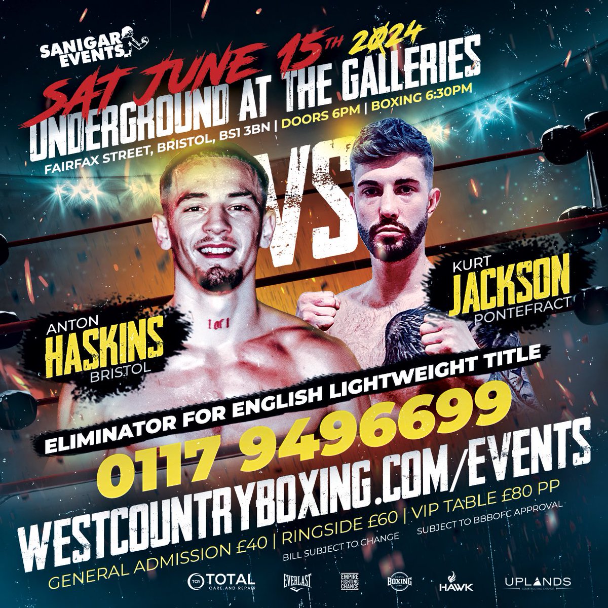 Bristol’s Anton Haskins takes on Kurt Jackson in an eliminator for the English Lightweight title on Saturday 15th June as we return to Underground @ The Galleries for another massive night of boxing 🔥 𝐓𝐢𝐜𝐤𝐞𝐭𝐬 𝐚𝐯𝐚𝐢𝐥𝐚𝐛𝐥𝐞 𝐧𝐨𝐰 westcountryboxing.com/events