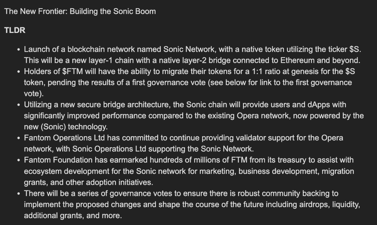 'Launch of a blockchain network named Sonic Network, with a native token utilizing the ticker $S. This will be a new layer-1 chain with a native layer-2 bridge connected to Ethereum and beyond.' Imagine getting a brand new chart for $FTM to $S. Price discovery incoming.