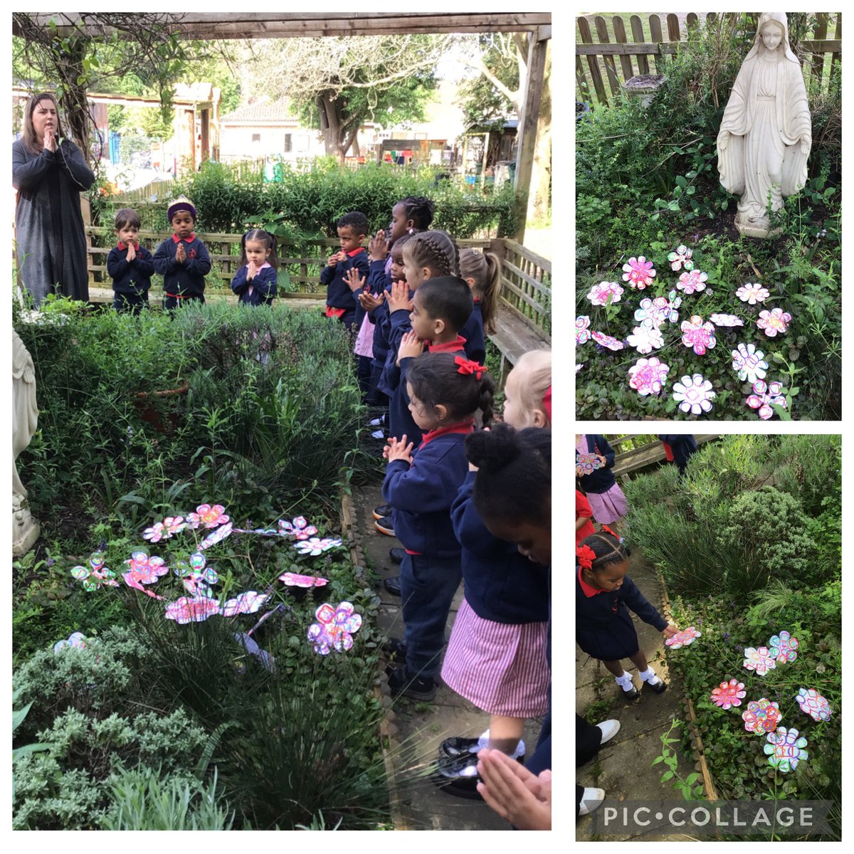 Look at our amazing Bamboo (Nursery) children praying to Mary in the prayer garden. They made flowers to bring to Our Lady and said some prayers together. #GivePrayerAGo #wearesacredheart