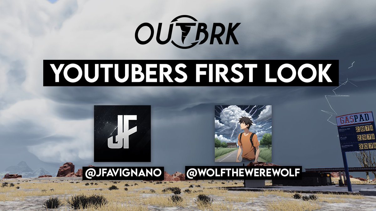 OutbrkGame's tweet photo. 🚀 Exciting News! 🚀 We’re thrilled to announce that two YouTubers, @JeffFavignano and @WolfTheWerewxlf, will be giving you an exclusive first look at gameplay from OUTBRK! 🌪️🎮 https://t.co/7ccUKB9iBF