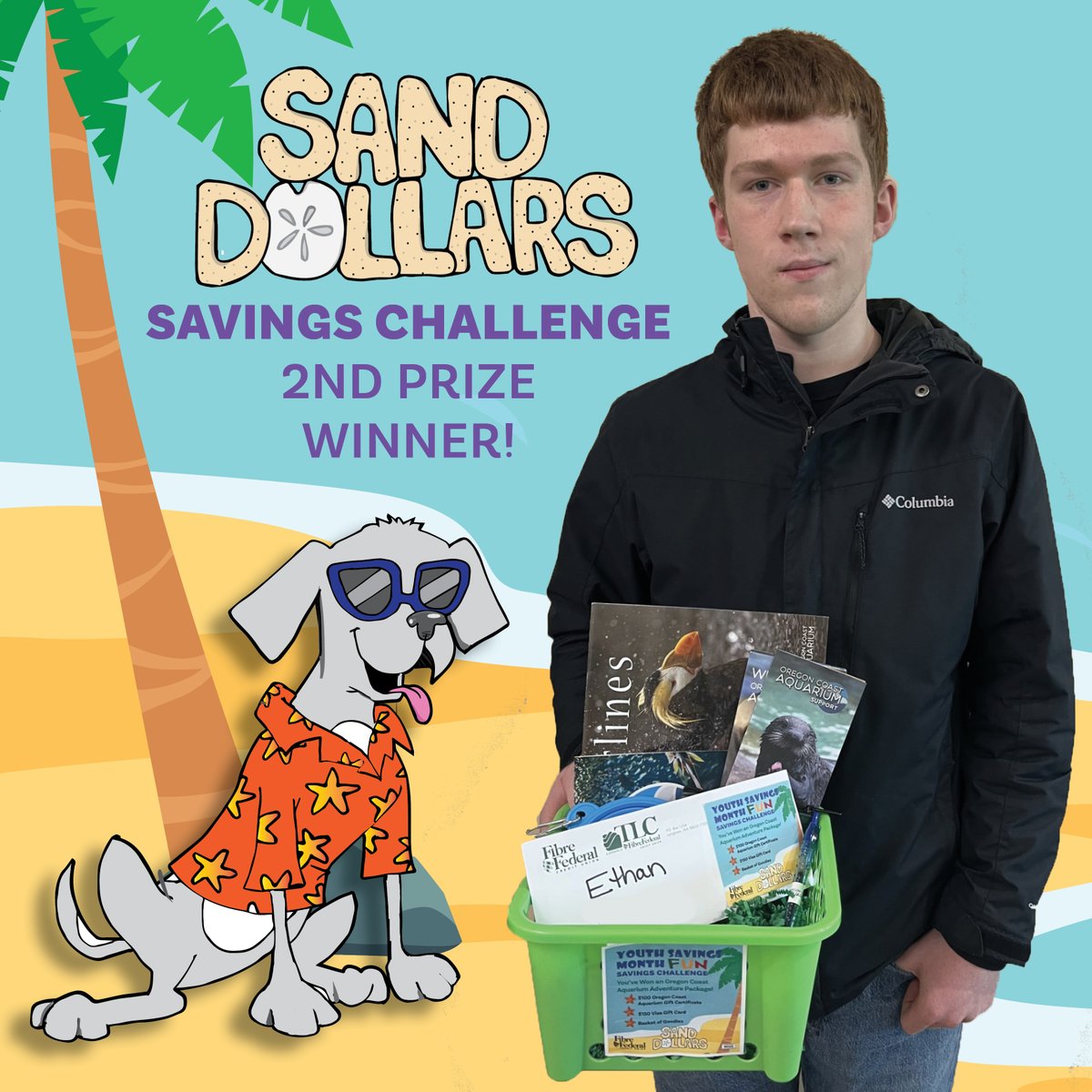 Ethan, our lucky Youth Savings Month Savings Challenge 2nd Prize winner, won an Oregon Coast Aquarium Adventure basket valued at $250! We shore hope Ethan and his family shellabrate his big win this summer! 😁🐠🐋🦭