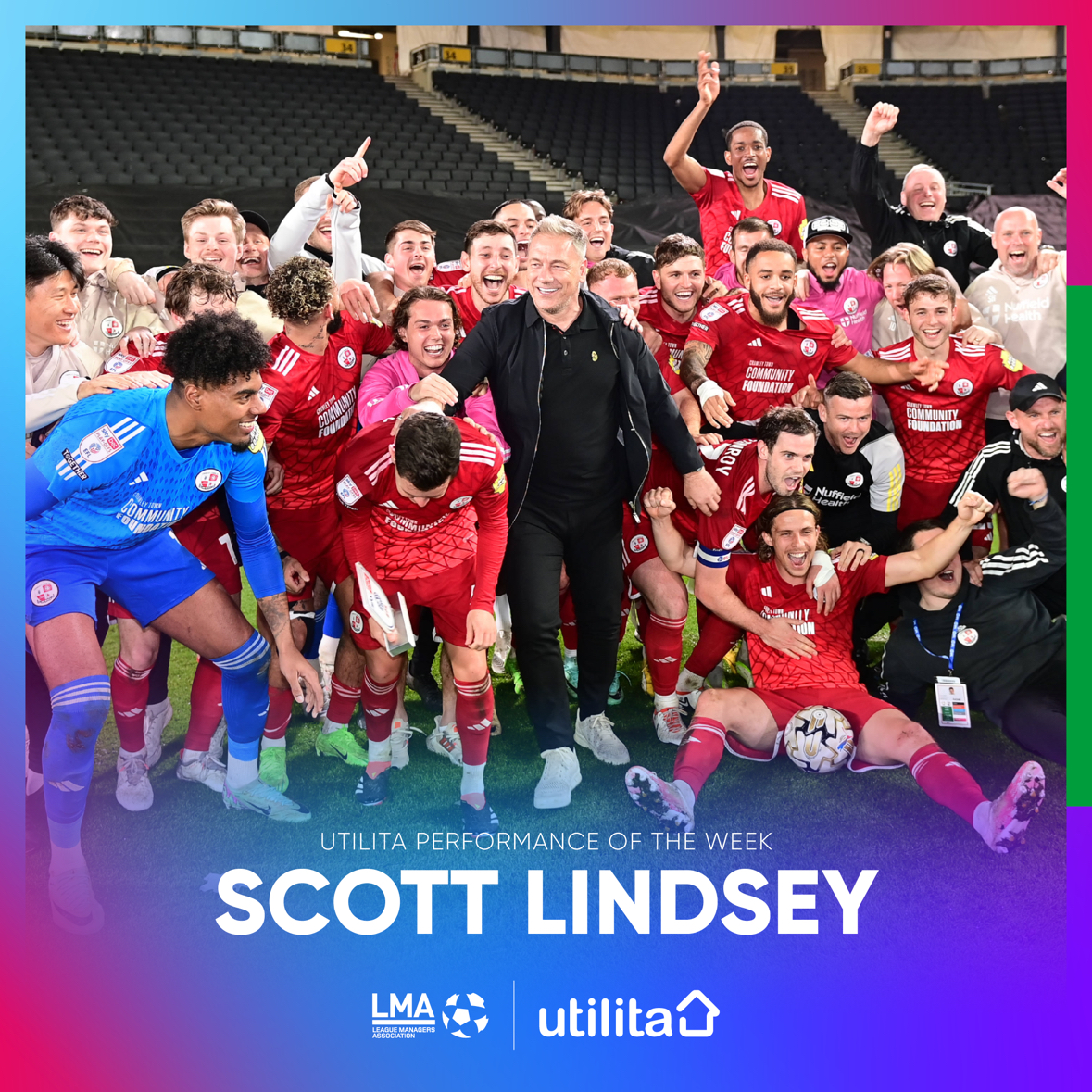 𝗨𝘁𝗶𝗹𝗶𝘁𝗮 𝗣𝗲𝗿𝗳𝗼𝗿𝗺𝗮𝗻𝗰𝗲 𝗼𝗳 𝘁𝗵𝗲 𝗪𝗲𝗲𝗸 🏆 Congratulations to @crawleytown boss Scott Lindsey on winning the ‘Utilita Performance of the Week’ award. His side won 5-1 at MK Dons to take themselves to Wembley! Voted by @LMA_Managers #TownTeamTogether 🔴