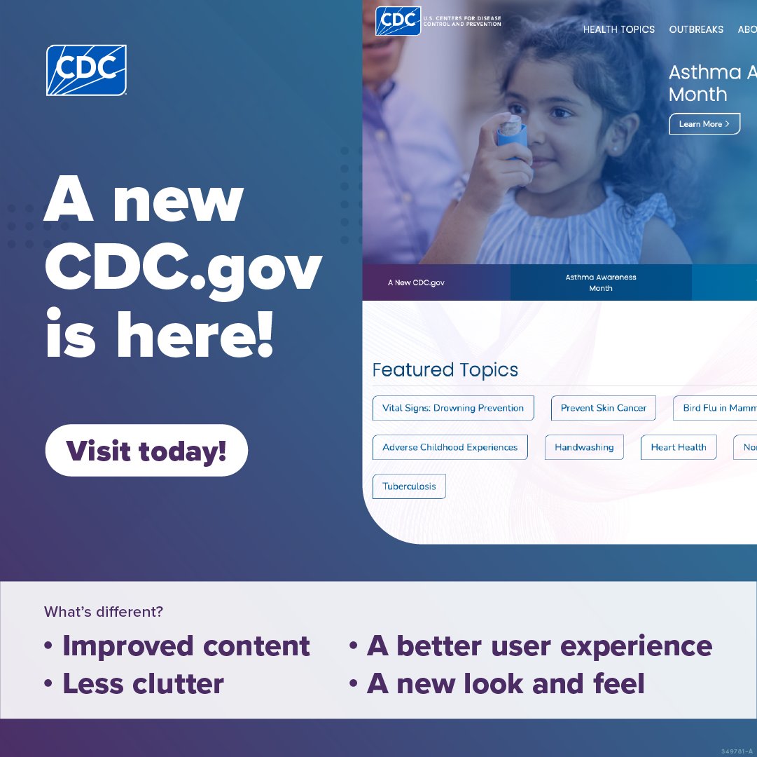 The new CDC.gov is live! Browse our new site featuring: 📌 Streamlined information 📄 Page summaries 🧭 New navigation 👥 Audience-based content 👓 Better readability Explore the new CDC.gov today!