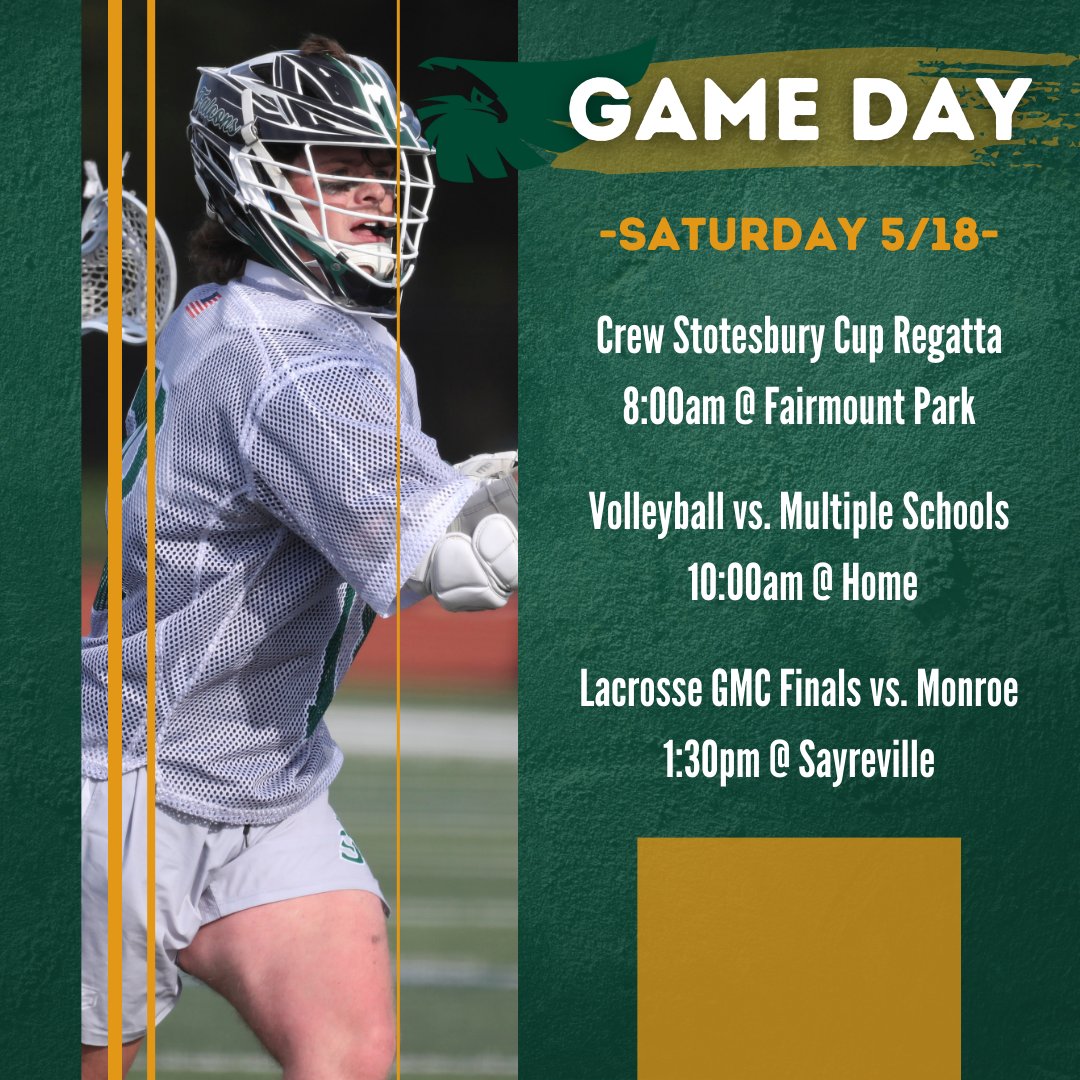Athletics Schedule for the weekend of Friday, 5/17. The Crew team heads to the Stotesbury Cup Regatta in Philadelphia, PA while Volleyball holds down the fort at home. Good luck to our Lacrosse team as they head into the final round of GMC's! Go Falcons!