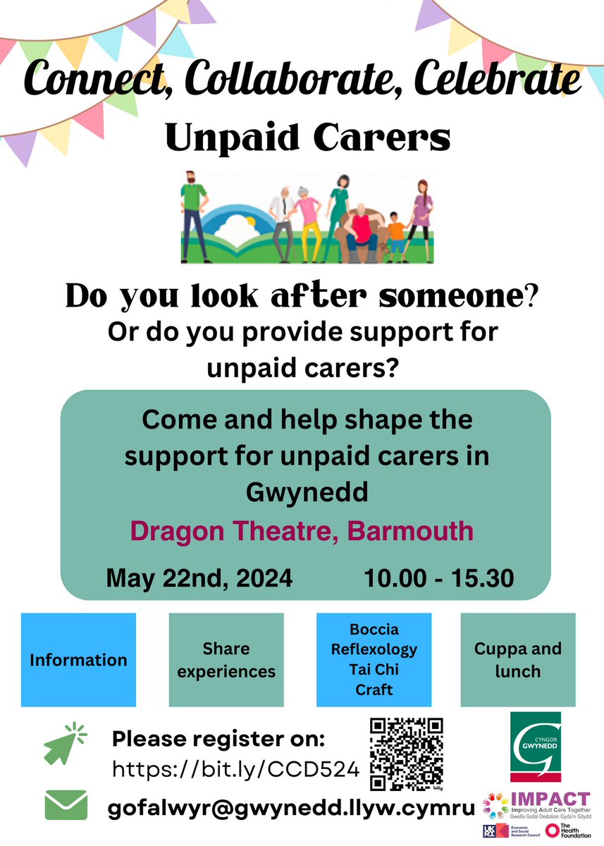 Do you look after someone or do you provide support for unpaid carers? Come over to the Dragon Theatr, Barmouth on 22/05/24 10:00- 15:30!