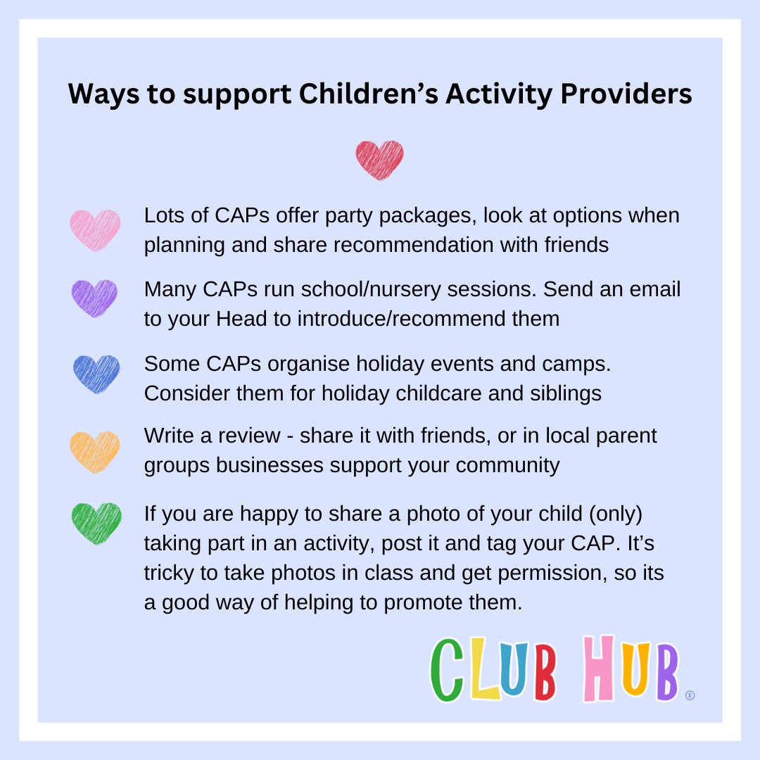Did you see us support hundreds of children's activity providers at the Club Hub Event 2024? Here are some ways you can support them too: Please Share x #ClubHubEvent2024 #ClubHubUK #ClubHubMember #CAPS #ChildrensActivityProviders
