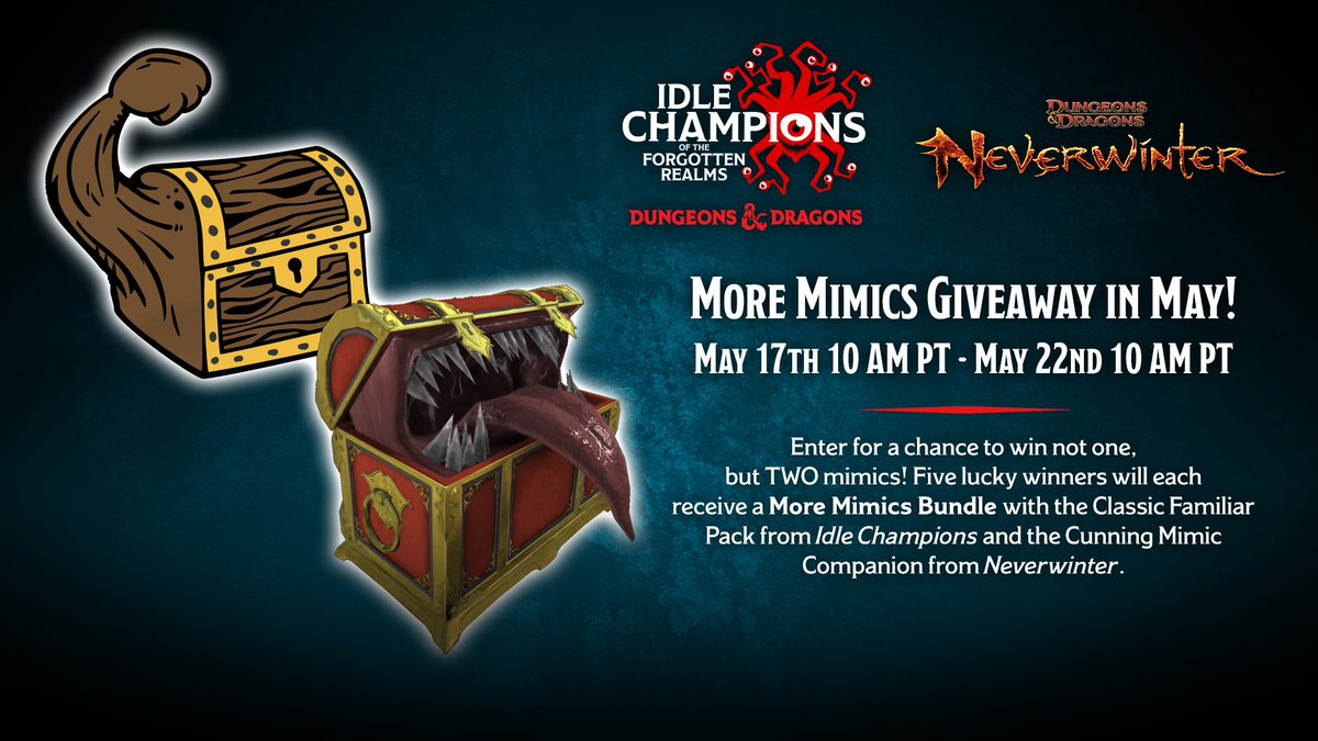 Oh no the mimic's are showing up everywhere! Is this post a mimic?! 😨 We're collaborating with @NeverwinterGame again for our May Discord giveaway! Come join us over at discord.gg/IdleChampions to enter!