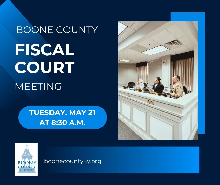 The next Fiscal Court meeting is Tues., May 21 at 8:30 a.m. The public is invited to attend, or you can watch from home:

-Spectrum 200 
-altafiber 831
-Community Access TV
-Livestream - bit.ly/483IUYb

Review the agenda - bit.ly/46SVSri.